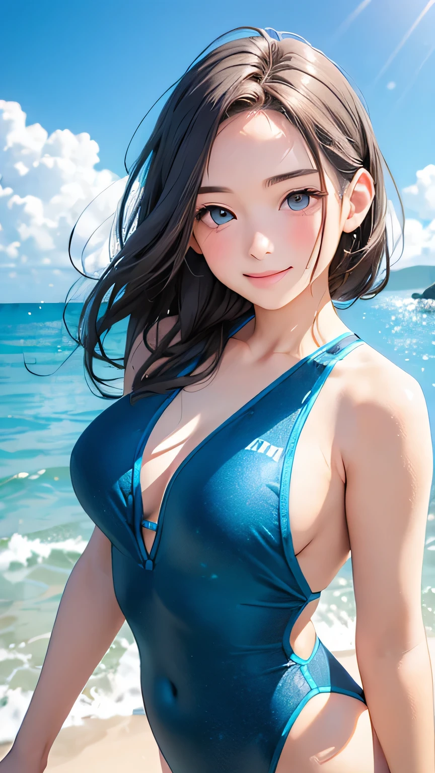 Highest quality、Realistic、girl、zoom、cute、Grey Eyes、Chestnut Hair、Back to all、the forehead is protruding、Light blue swimsuit、Ocean、Looking down、Big smile、Bust Shot、thin、Large Breasts