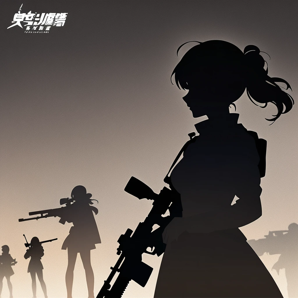 a silhouette of a woman holding  a gun, character silhouette, detailed silhouette, half - body shot, half-body shot, black silhouette, of a sniper girl in war, female lead character, silhouette!!!, female spy, half body shot, silhoutte, carrying a rifle, stylized silhouette, woman silhouette, silhouette :7, siluette,  logo, vector style