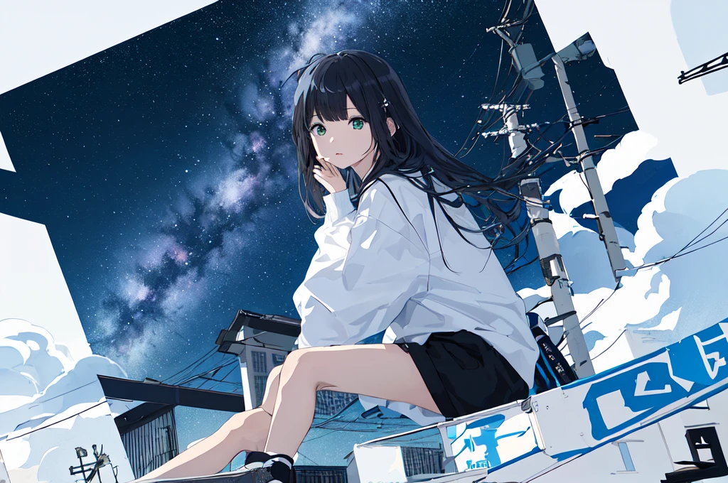 masterpiece、Exquisite details、Highest quality、One Girl、alone、handrail、cloud、buildingを見上げて、Long Hair、zero、Long sleeve、Power lines、White footwear、Black Hair、View Audience、Electric pole、bangs、曇りzero、Green Eyes、shorts、Day、Black Shirt、barefoot、night、star、milky way、night、Jet Black、building、Sitting、High quality anime art style、Standing Painting、Splash ink background、Blue theme、Clear Face、Distinct facial features