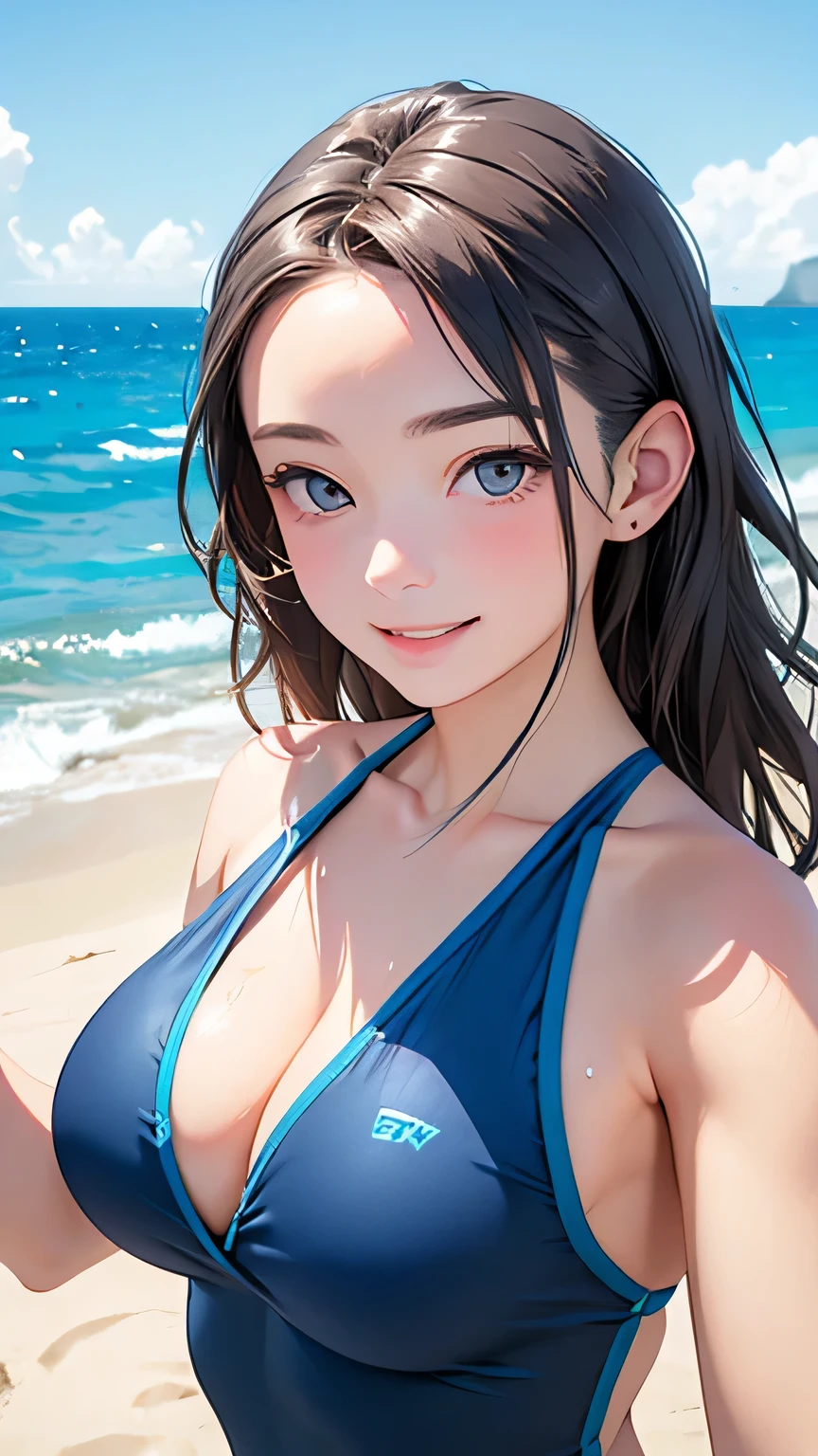 Highest quality、Realistic、girl、zoom、cute、Grey Eyes、Chestnut Hair、Back to all、the forehead is protruding、Light blue swimsuit、Ocean、Looking down、Big smile、Bust Shot、thin、Large Breasts