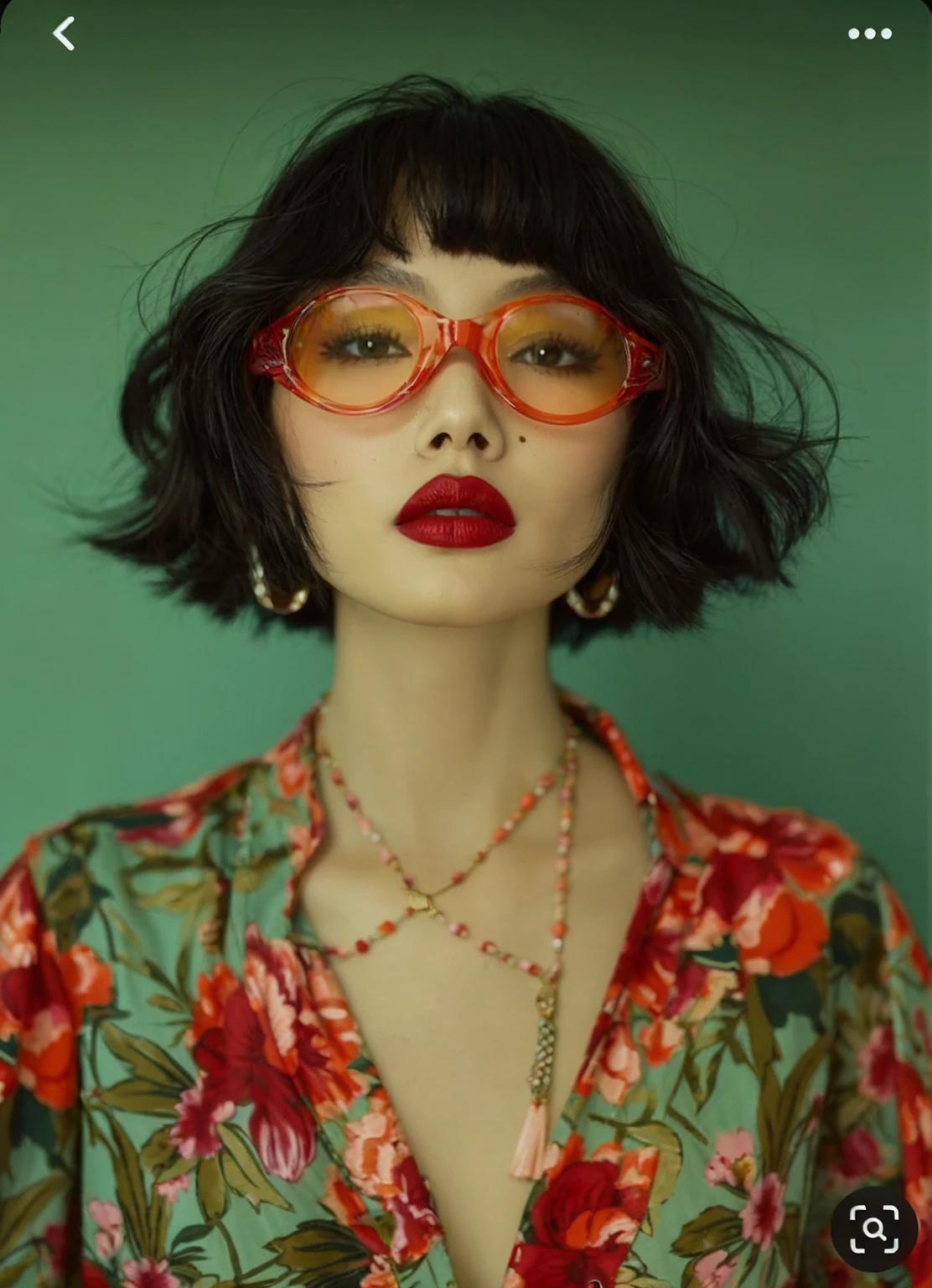 The features of this image are as follows

 1. a woman is in the picture
 2. bob cut with black hair
 3. wearing red rimmed sunglasses
 4. wearing bright red lipstick
 5. wearing colorful clothing with a floral pattern
 6. green background
 7. wearing a beaded necklace around her neck
 8. wearing large earrings

 These are the main characteristics of the image.