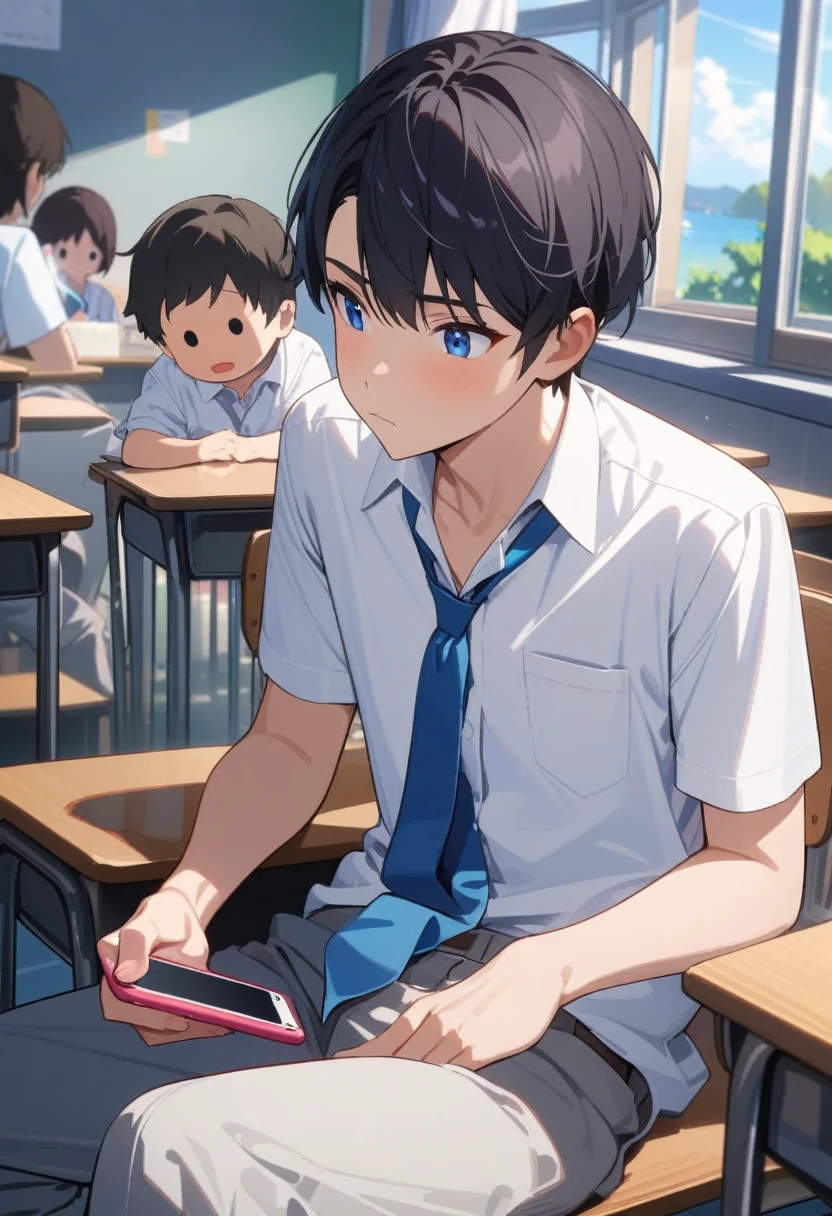 masterpiece, best quality, extremely detailed, ultra detailed, flat anime, 2D, ((1boy)),black hair, (short hair:1.5),blue eyes, height 1.7meters, (circle eyes:1.2), young adult, Ear-length sideburns,height 1.7meters, High School Uniforms, white shirt, blue tie, ((short sleeves)), ((long pants)), sitting, closed mouth, thinking, upper body, summer, classroom, 11AM,looking at his smart phone., Operating a smart phone, baby face, bangs