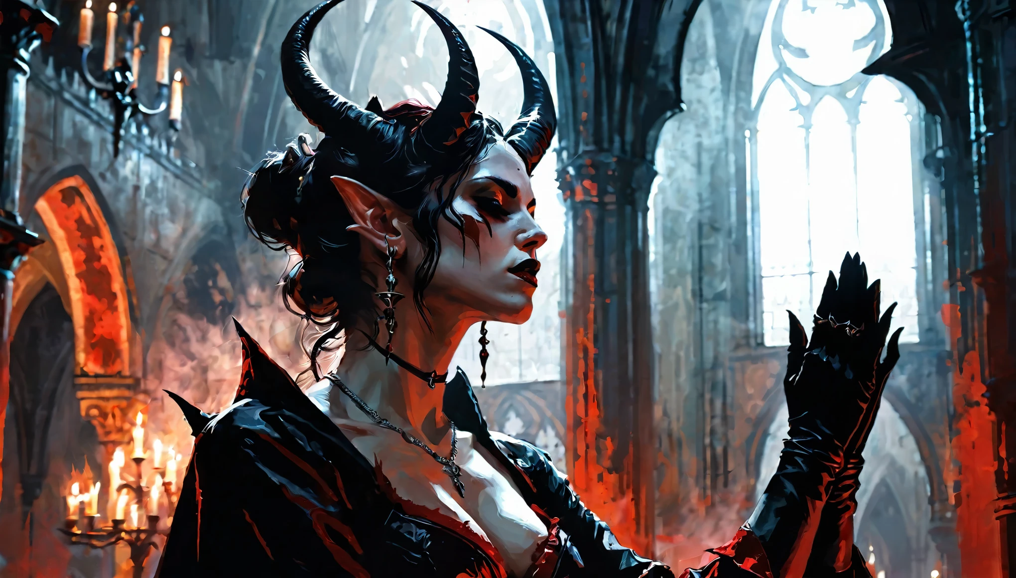 a painting of a holy succubus with horns, in prayer with upraised hands, gloves, vampire the masquerade bloodlines, incredible art, gloomy background, nimbus, church ragged vestments, darksketch, minimalism, side view