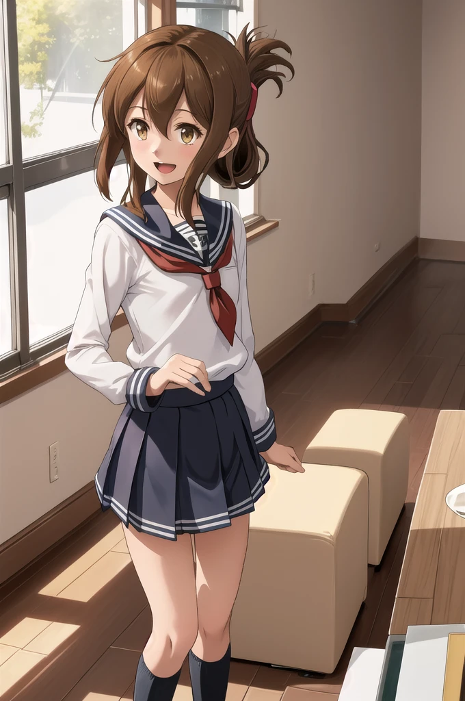 Highest quality, masterpiece, High resolution, alone, {inazuma_Kantai Collection}, brown_hair, Folded_ponytail, brown_eye, length_hair, Open_mouth, smile, School_uniform,skirt,Pleats_skirt,((Flat Chest, Small breasts)), (panties), (In underwear), (Flashy underwear), (lingerie), (indoor, office, living room), skirtリフト