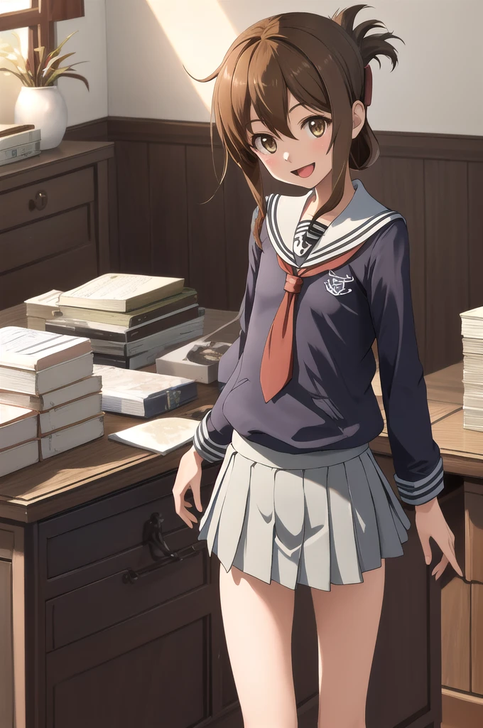 Highest quality, masterpiece, High resolution, alone, {inazuma_Kantai Collection}, brown_hair, Folded_ponytail, brown_eye, length_hair, Open_mouth, smile, School_uniform,skirt,Pleats_skirt,((Flat Chest, Small breasts)), (panties), (bra), (In underwear), (Flashy underwear), (lingerie), (indoor, office, living room), 