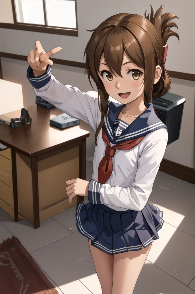 Highest quality, masterpiece, High resolution, alone, {inazuma_Kantai Collection}, brown_hair, Folded_ponytail, brown_eye, length_hair, Open_mouth, smile, School_uniform,skirt,Pleats_skirt,((Flat Chest, Small breasts)), (panties), (In underwear), (Flashy underwear), (lingerie), (indoor, office, living room), skirtリフト