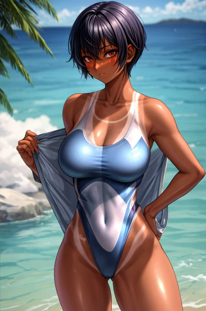  masterpiece, best quality, ultra detailed, BREAK 1人の女の子, 18_ years_ old, tomboy, BREAK (muscle:0.5), (Black Hair, Pixie Cut Tan, Sunburn lines, Dark skinned women, Dark Skin:1.3), (chest, gigantic chest, Perfect hands, perfect fingers:1.2), shiny hair, shiny skin, oily, BREAK (competition swimsuit:1.3), pleased, (1girl standing, cowboy shot:1.2), (contrasted, One hand on hip:1.2), outside, beach, evening, (ass pov), (from above, high angle, looking ahead:1.2), 