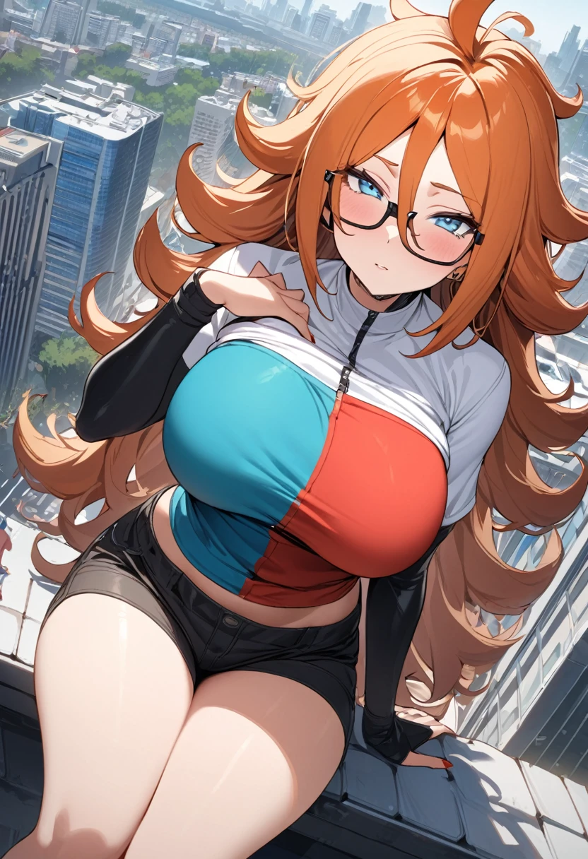 masterpiece, android 21, shorts, 1girl, long hair, orange hair, curly hair, tall girl, glasses, large breasts, blue eyes, in city, city landscape, on the roof, sitting on the roof ,,, nice hands perfect hands, big breast, pov breast grab, pov hands