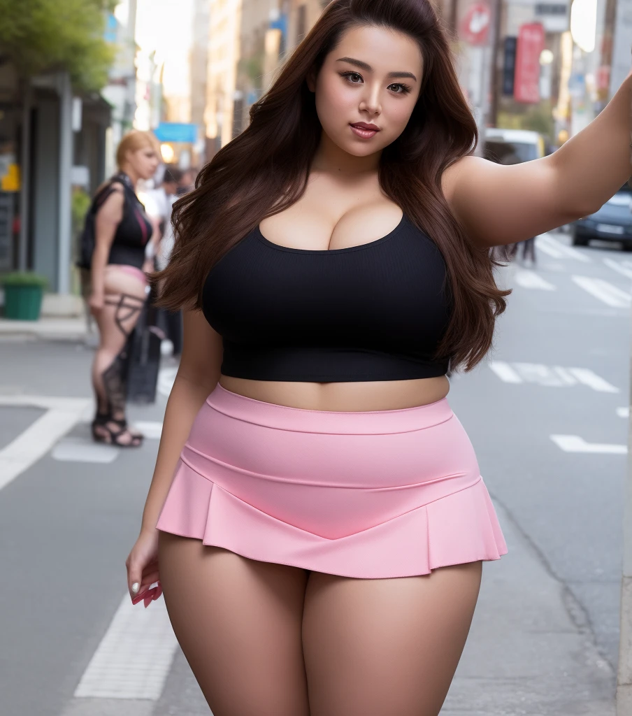 araffe woman in a pink skirt taking a selfie on a cell phone, curvy model, photorealistic perfect body, thicc, beautiful thick female, thick legs, on the street, on the street, beautiful curvy female, wide hips, thick body, curvy body, at a city street, in city street, thick thighs, skinny waist and thick hips