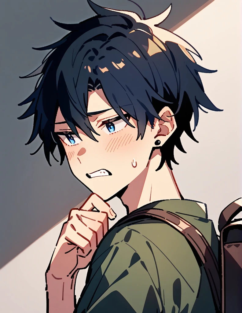 16-year-old teenage boy, long black shoulder-length hair, wearing a dark blue and braces on his teeth, wearing silver earrings, with a backpack and a shy look alone