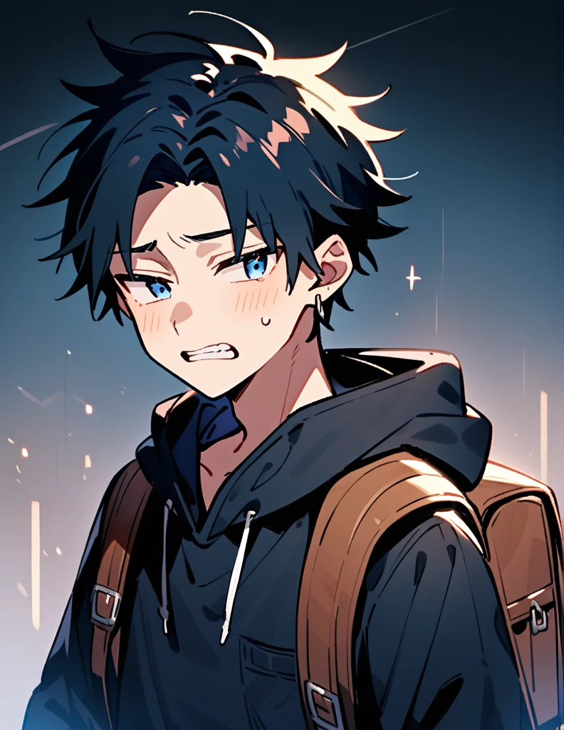 16-year-old teenage boy, long black shoulder-length hair, wearing a dark blue and braces on his teeth, wearing silver earrings, with a backpack and a shy look alone