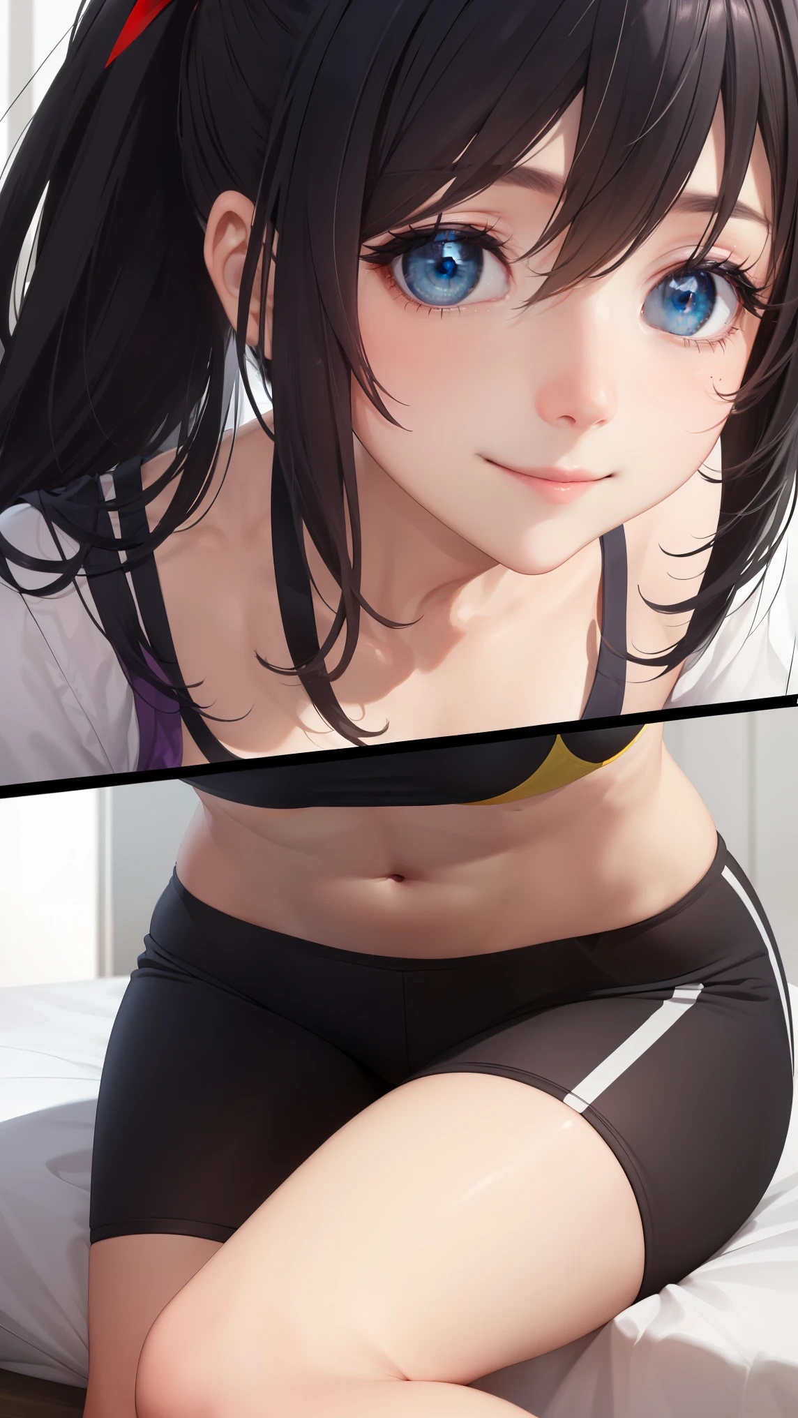 HimejimaAkeno, 1girl, closed mouth, smile, blush, black hair, long hair, purple eyes, ponytail, red ribbon,
BREAK (yellow jacket, open jacket, sports bra, bike shorts, midriff:1.2)
BREAK beautiful face,smiling,close up to hips, moderate breast, sitting on beds, (open mouth:0.4),portrait style,vivid colors,soft lighting, blushing, mature,
BREAK (masterpiece:1.2), best quality, high resolution, unity 8k wallpaper, (illustration:0.8), (beautiful detailed eyes:1.6), extremely detailed face, perfect lighting, extremely detailed CG, (perfect hands, perfect anatomy),