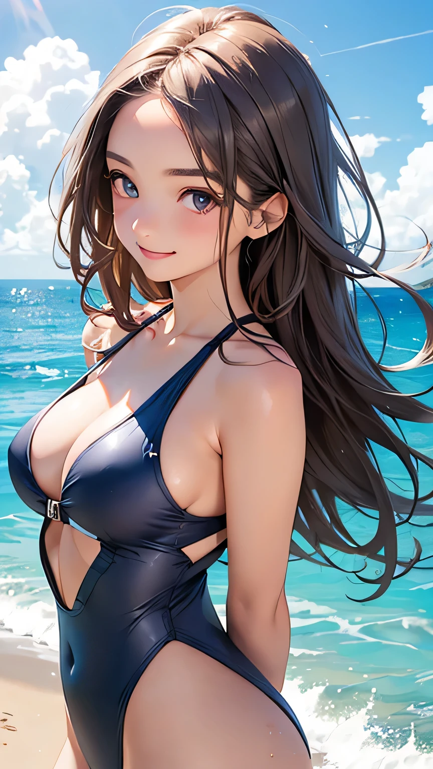 Highest quality、Realistic、girl、zoom、cute、Grey Eyes、Chestnut Hair、Back to all、the forehead is protruding、Light blue swimsuit、Ocean、Looking down、Big smile、Bust Shot、thin、Large Breasts