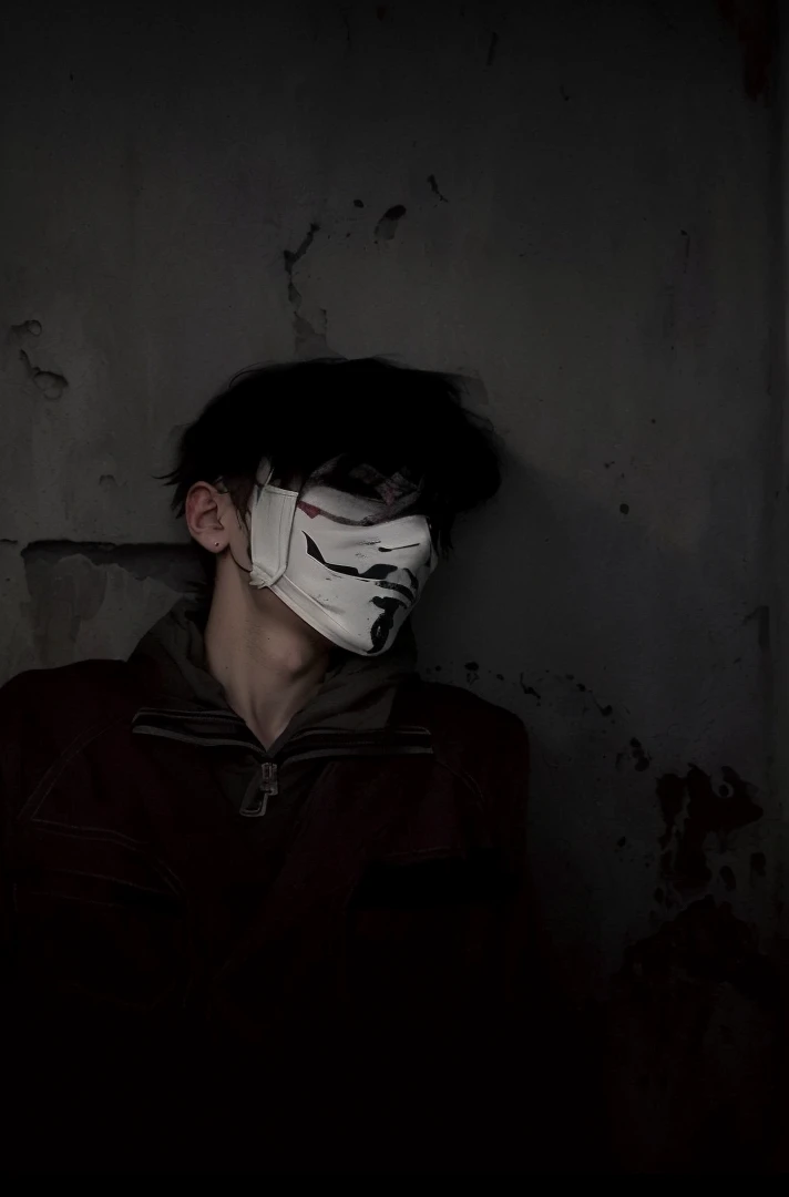arafed man wearing a mask with a creepy face, twisted god with no face, darkwave goth aesthetic, anonymous mask, anonymous, masked person in corner, in an alleyway during the purge, creepy aesthetic, broken mask, pale white face, dark academia aesthetic, photo of scp-173, bladee from drain gang, scary look, horror aesthetic