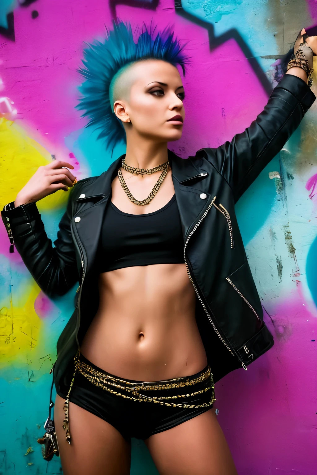 (Artwork, best quality:1.2), 1 girl ,intrincately detailed, "Punk Girl", in dynamic pose, ((spiky mohawk hair, punk hair, wearing a black jacket, chains, Rocket style, tatuados , hot body, abdomen)) . Shallow depth of field, vignette, highy detailed, high budget, bokeh, cinemascope, temperamental, epic, marvelous, film grain, grainy. ((Abandoned Graffiti Wall Background)).
