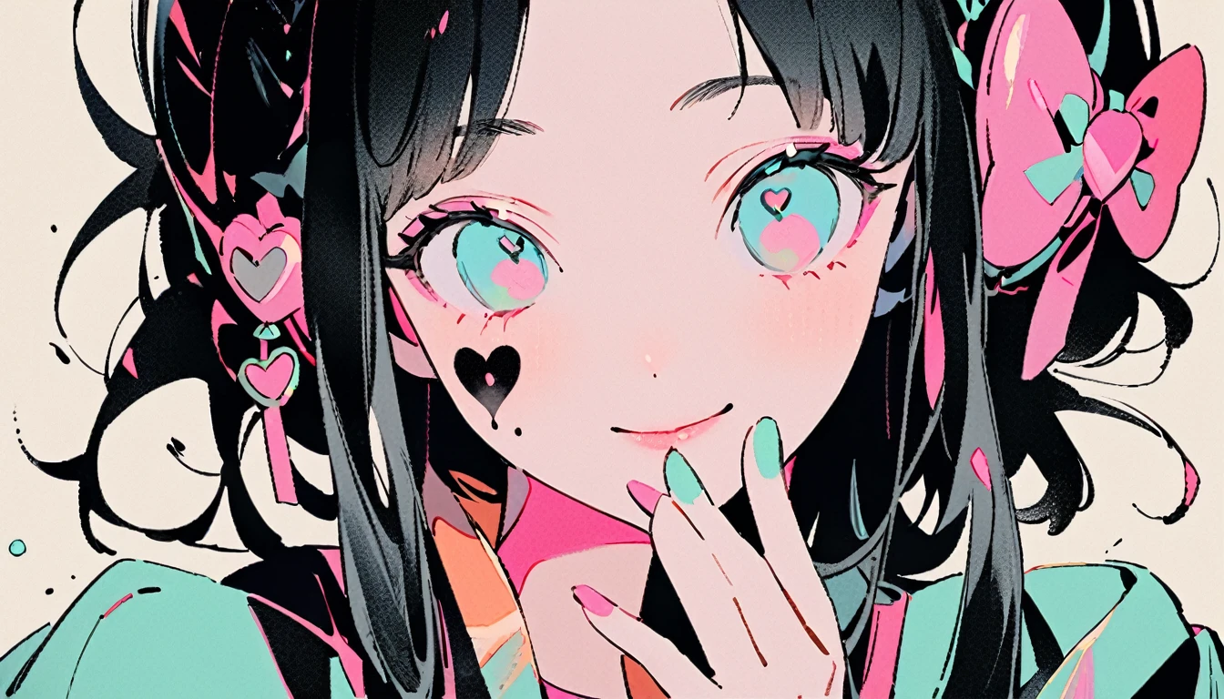 ((Ink Painting)), (((1 girl))), (((Heart tattoo on face))), (((Gorgeous hair accessories))), Japanese style headphones, face close-up, Japanese beautiful girl, Black Hair, Put your hands on your face, smile, devil, Droopy eyes, pastel color, Fashion portrait color photos