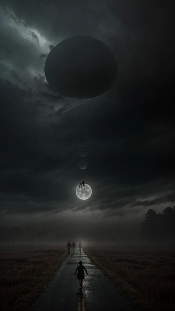 People running away from eerie creatures floating in the sky.