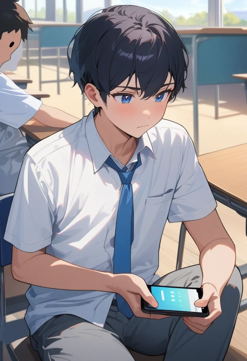 masterpiece, best quality, extremely detailed, ultra detailed, flat anime, 2D, ((1boy)),black hair, (short hair:1.5),blue eyes, height 1.7meters, (circle eyes:1.2), young adult, Ear-length sideburns,height 1.7meters, High School Uniforms, white shirt, blue tie, ((short sleeves)), ((long pants)), sitting, closed mouth, thinking, upper body, summer, classroom, 11AM,looking at his smart phone., Operating a smart phone, baby face, bangs, baby face