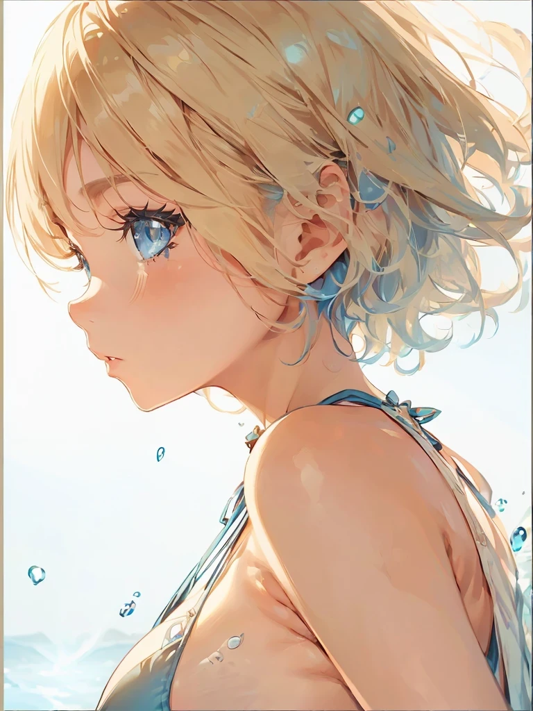 Girl with a depressed face Sideboob Exposure A cute girl in a swimsuit（original bikini swimsuit）(Small body) (Little Girl:1.5), (blonde:1.5）(eyelash:1.2)(eye shadow:1.3) (Blue eyes:1.5), (Beautiful fine details:1.4) (Short Bob Hair:1.4), (Blue eyes)(Big Breasts:1.3) (White skin:1.2)Height: 130cm, original character, Fantasy, View Viewer Art： (A girl with beautiful deep eyes. The depth of field in the photo is perfect、Lens flares create a nice atmosphere. The details of her face really stand out, This photo definitely gets a 10 or more.. background, There is a beautiful sea with crystal clear water and water droplets floating on the surface.　Laughing happily