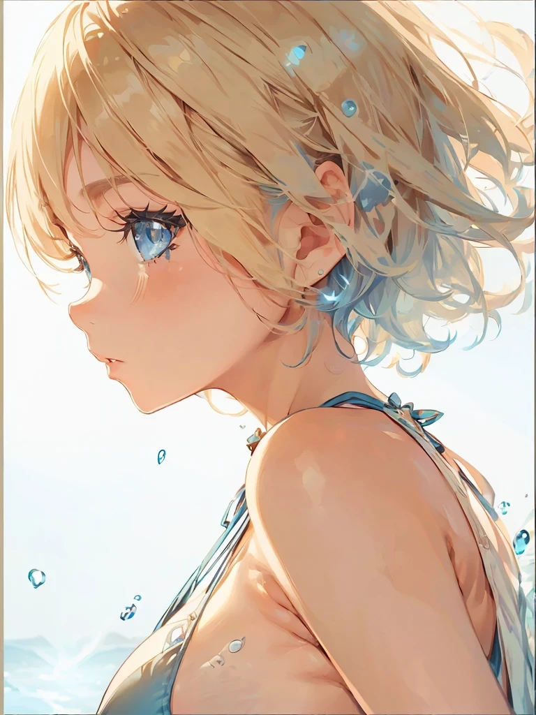 Girl with a depressed face Sideboob Exposure A cute girl in a swimsuit（original bikini swimsuit）(Small body) (:1.5), (blonde:1.5）(eyelash:1.2)(eye shadow:1.3) (Blue eyes:1.5), (Beautiful fine details:1.4) (Short Bob Hair:1.4), (Blue eyes)(Big Breasts:1.3) (White skin:1.2)Height: 130cm, original character, Fantasy, View Viewer Art： (A girl with beautiful deep eyes. The depth of field in the photo is perfect、Lens flares create a nice atmosphere. The details of her face really stand out, This photo definitely gets a 10 or more.. background, There is a beautiful sea with crystal clear water and water droplets floating on the surface.　Laughing happily