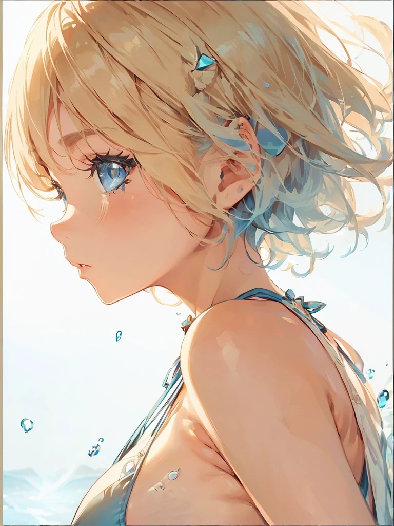 Girl with a depressed face Sideboob Exposure A cute girl in a swimsuit(original bikini swimsuit)(Small body) (Little Girl:1.5), (blonde:1.5)(eyelash:1.2)(eye shadow:1.3) (Blue eyes:1.5), (Beautiful fine details:1.4) (Short Bob Hair:1.4), (Blue eyes)(Big Breasts:1.3) (White skin:1.2)Height: 130cm, original character, Fantasy, View Viewer Art: (A girl with beautiful deep eyes. The depth of field in the photo is perfect、Lens flares create a nice atmosphere. The details of her face really stand out, This photo definitely gets a 10 or more.. background, There is a beautiful sea with crystal clear water and water droplets floating on the surface. Laughing happily