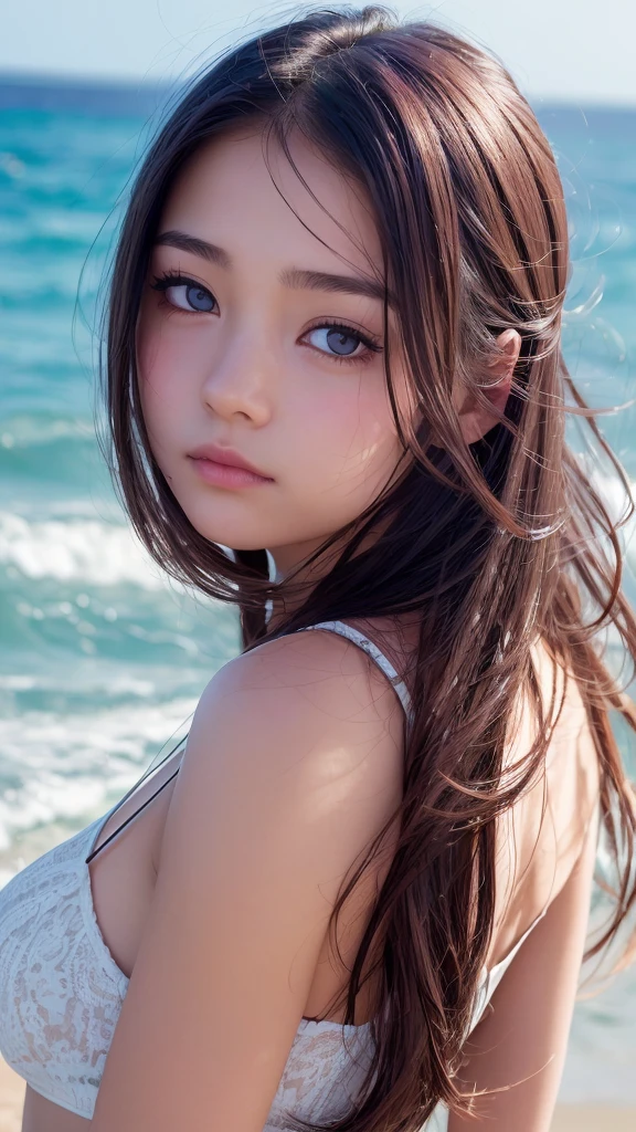 ((最high quality)), ((Face close-up)),Like a photograph,high quality, 8k resolution",Beautiful 19 year old girl,((Stylish Fashion)),summer,The girl sways beautifully in the sea breeze,graceful hair,sad,Are crying,Ocean view,night,Coastal Cafe,