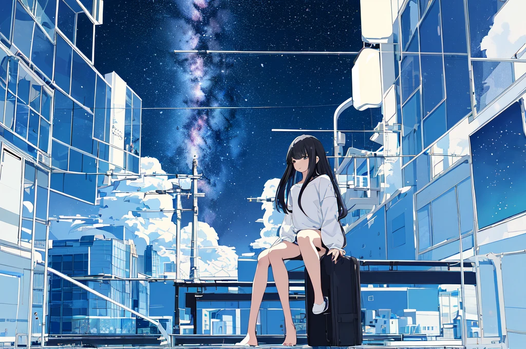 masterpiece、Exquisite details、Highest quality、One Girl、alone、handrail、cloud、buildingを見上げて、Long Hair、zero、Long sleeve、Power lines、White footwear、Black Hair、View Audience、Electric pole、bangs、曇りzero、Green Eyes、shorts、Day、Black Shirt、barefoot、night、star、milky way、night、Jet Black、building、Sitting、High quality anime art style、Standing Painting、Splash ink background、Blue theme、Clear Face、Distinct facial features