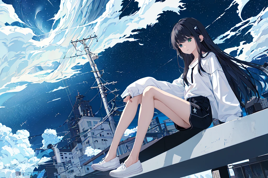 masterpiece、Exquisite details、Highest quality、One Girl、alone、handrail、cloud、buildingを見上げて、Long Hair、zero、Long sleeve、Power lines、White footwear、Black Hair、View Audience、Electric pole、bangs、曇りzero、Green Eyes、shorts、Day、Black Shirt、barefoot、night、star、milky way、night、Jet Black、building、Sitting、High quality anime art style、Standing Painting、Splash ink background、Blue theme、Clear Face、Distinct facial features