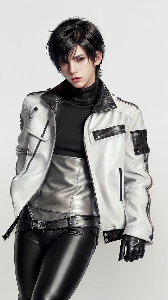 Final fantasy taste and reality graphics, ((Japanese young cute and cool ikemen  boy)), his age is early 20s, thin eyebrows and beady eyes,  ((he wearing off white color leather  thick and heavy material jacket)), ((jacket is singlebrest)), ((biker style jacket)), ((jacket is large size)),((with epaulet)), ((jacket is long sleeve)), ((zipped front of the leather jacket)), , ((voluminous leather jacket)), ,((must jacket is high length and stand-up collar)) ((jacket collar with two belts)), ((jacket is a little black color line pattern)), ((also wearing black thick material turtleneck lackluster shirts)),  ((tight black leather pants)),  ((put black leather tight and thin glove on both hands)), ((black leather knee-high raceup boots)),((must views  head-to-toe)),((must views whole body)), ,((Do not show skin from the neck down)),leather jacket leather glove and leather pants have few wrinkles, Avoid showing your innerwear,zip up jacket fastner.must put on a leather glove.
Boy is black hair.boy looks like fashion model.
