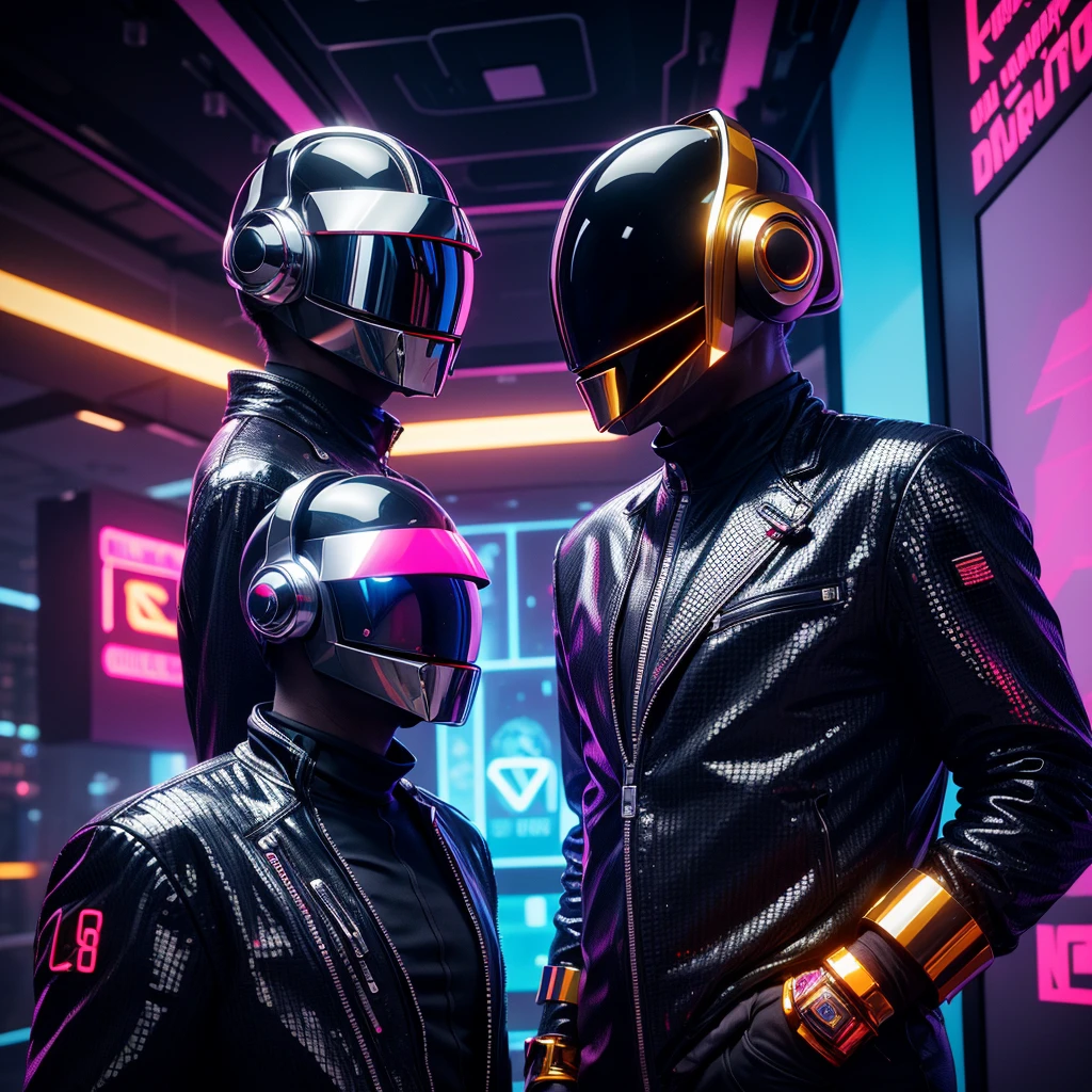 a beautiful detailed portrait of two men wearing daft punk inspired outfits, highly detailed, 8k, photorealistic, cinematic lighting, dramatic pose, neon colors, futuristic, cyberpunk, synthwave, digital art