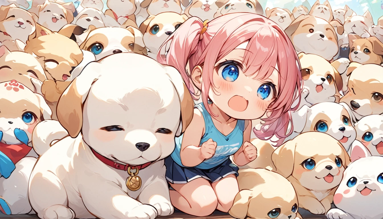 Highest quality、High resolution、Detailed Background、Beautiful face in every detail、Anatomically correct、Detailed facial expressions、fine grain、((full body, from below:0.8, looking away:1.2)), Close-up of the mouth、((One Girl))、Chibi Girl、Cute hair color、Big beautiful blue eyes、Braided twin tails、 (Tank top、Vneck、mini skirt、Cute Shoes)、break I'm a little scared、I have a lot of tears in my eyes、An expression that looks like it's about to cry、grassland、((Lying face down、Rest your chin on your hands and bend your knees))、break ((One dog、Giant white puppy))、(Dog rides on girl)