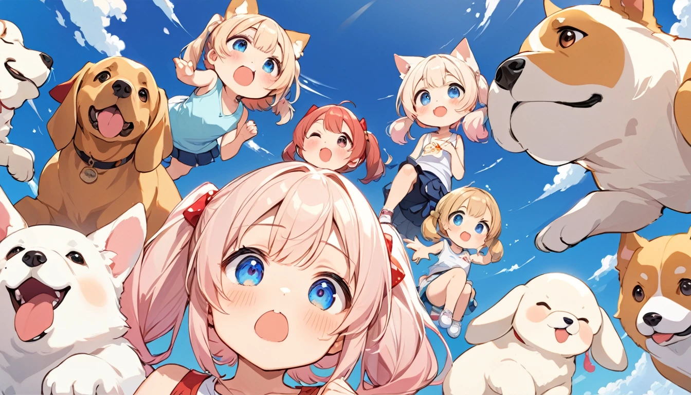 Highest quality、High resolution、Detailed Background、Beautiful face in every detail、Anatomically correct、Detailed facial expressions、fine grain、((full body, from below:0.8, looking away:1.2)), Close-up of the mouth、((One Girl))、Chibi Girl、Cute hair color、Big beautiful blue eyes、Braided twin tails、 (Tank top、Vneck、mini skirt、Cute Shoes)、break I'm a little scared、I have a lot of tears in my eyes、An expression that looks like it's about to cry、grassland、((Lying face down、Rest your chin on your hands and bend your knees))、break ((One dog、Giant white puppy))、(Dog rides on girl)