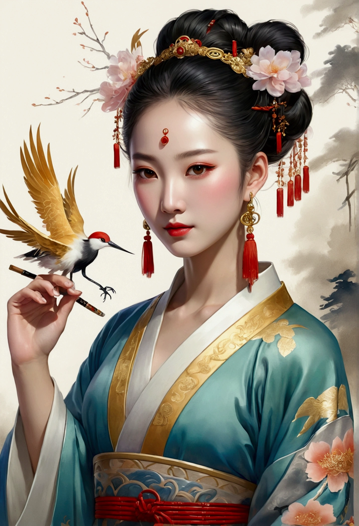 A beautiful dancer in ancient China,delicate lines,gorgeous costumes in ancient China,delicate and vivid,shy face,willow leaf eyebrows,personality depiction,coiled hair,gold leaf,flowing clouds,watercolor,crane surrounding,ink painting,gentle eyes,meticulous, color scheme,exquisite clothing patterns,by Gu, Kaizhi,Zhang Xuan,professional color grading,realistic style,soft shadows,clean and sharp focus,Flim photography,Panoramic View,32K --v 6