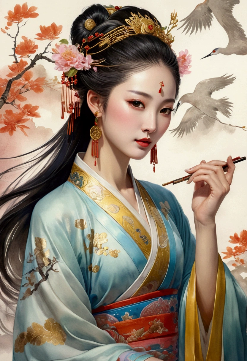 A beautiful dancer in ancient China,delicate lines,gorgeous costumes in ancient China,delicate and vivid,shy face,willow leaf eyebrows,personality depiction,coiled hair,gold leaf,flowing clouds,watercolor,crane surrounding,ink painting,gentle eyes,meticulous, color scheme,exquisite clothing patterns,by Gu, Kaizhi,Zhang Xuan,professional color grading,realistic style,soft shadows,clean and sharp focus,Flim photography,Panoramic View,32K --v 6