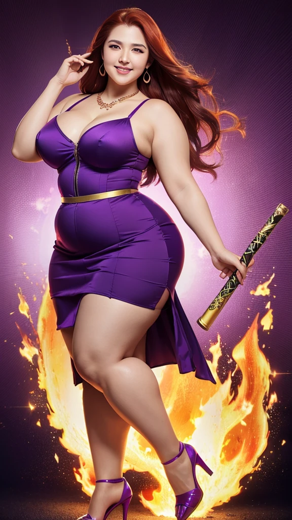 Masterpiece, Best Quality, Ultra HD, Highest Resolution, 32K Quality, Dynamic, (Obese: 1.2), (Super Curvy: 1.5), Korean Female, (Long Red Hair Slicked Back), Smiling, Purple Bustier One Piece Dress, Teardrop Earrings and Necklace, Holding a Baton as Long as Her Height, Holding an Amulet, Purple High Heels, Full Body Shot, (Fire Background),