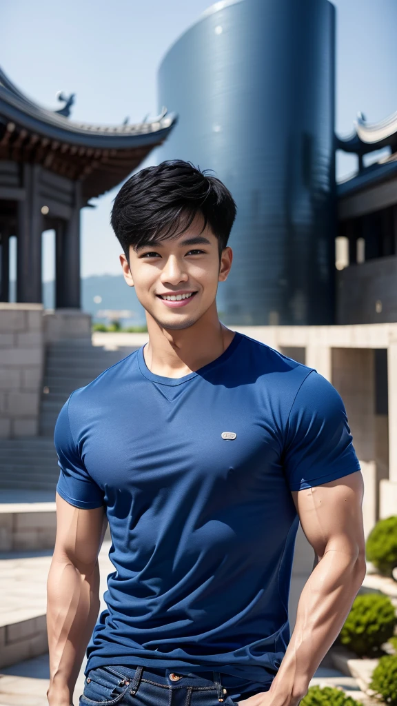 man , Blue t-shirt, jeans, black short hair , outdoor , cute smile , หน้าhandsomeแบบเกาหลีสมจริง , modest muscles , Masterpiece、High resolution、Surreal、detailed face、alone、man、Glowing skin、(Asia)、handsome、tall building background