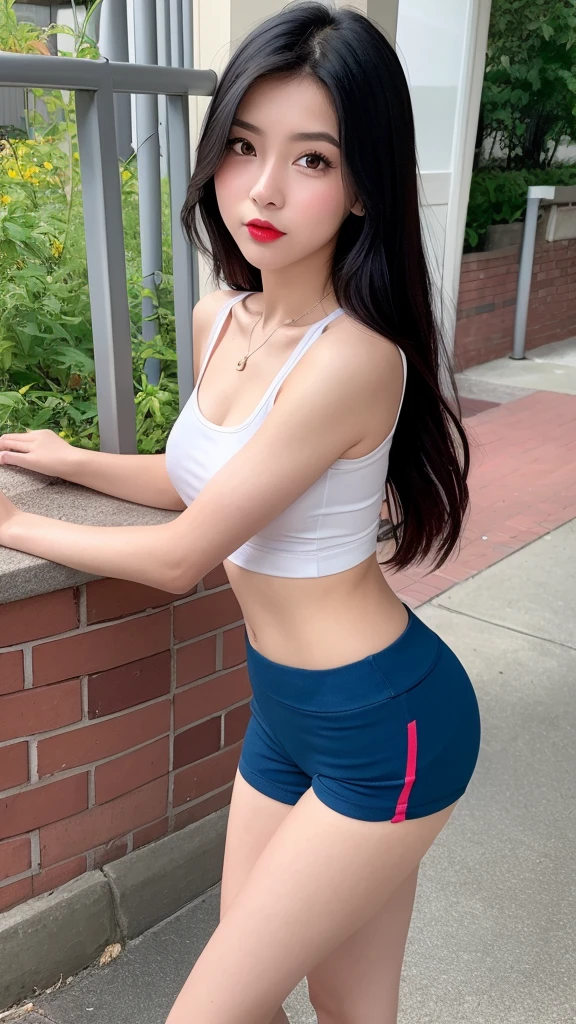 a very cute girl, solo, young, wearing good t-shirts and short pants,medium breast, standing, long hairs, red lips, at camp, realistic face, full body, blue shoes, background fitnes gym, black hair, pink asesoris