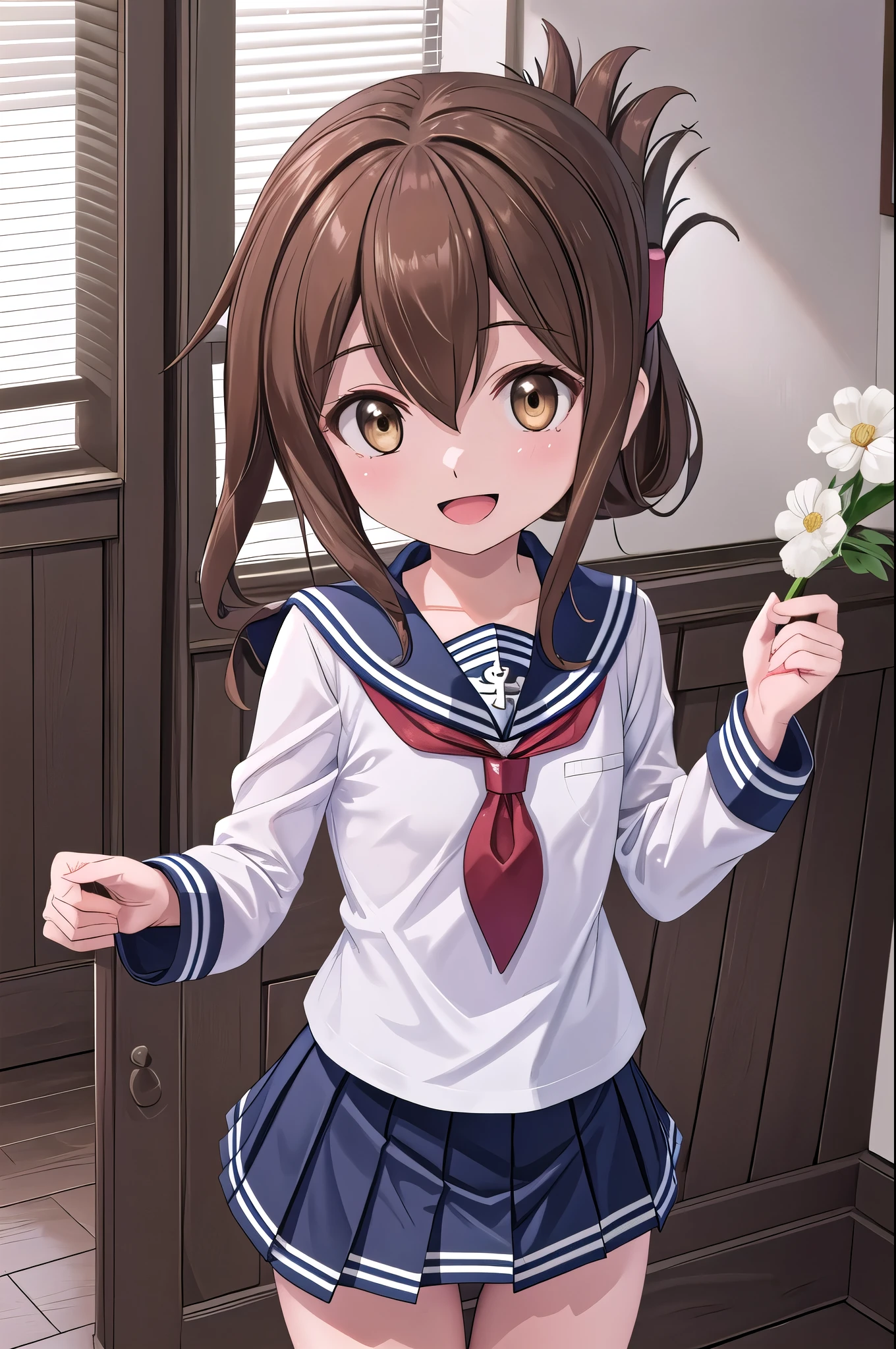 Highest quality, masterpiece, High resolution, alone, {inazuma_Kantai Collection}, brown_hair, Folded_ponytail, brown_eye, length_hair, Open_mouth, smile, School_uniform,skirt,Pleats_skirt,((Flat Chest, Small breasts)), (White panties), (bra), (In underwear), (Flashy underwear), (lingerie), (indoor, office, living room), skirtリフト