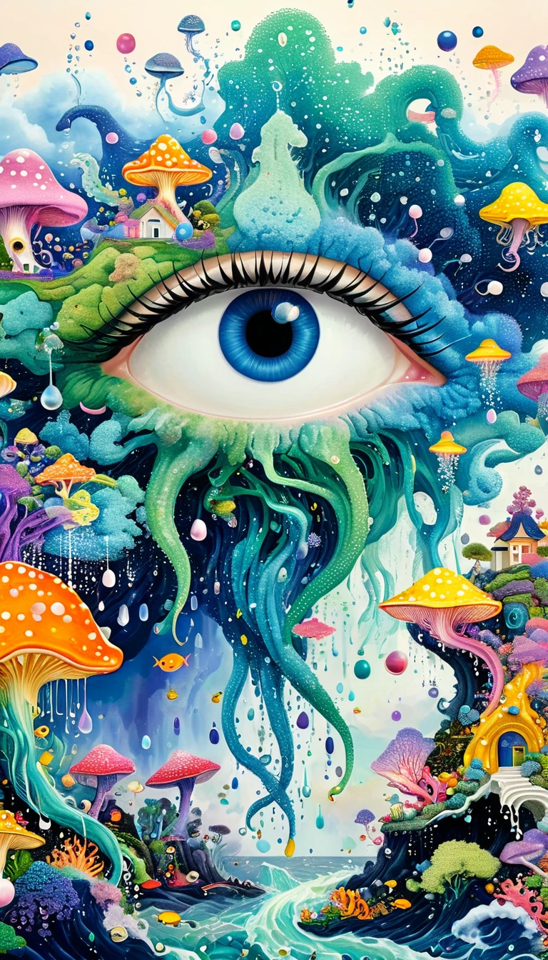 Strong visual fusion of multiple elements,Broto,来自Star的艺术家,Dopamine color scheme,house、Eye、pearl珠帘、pearl、Star、cloud、fish、Spore powder、Ocean、rain、Tentacles,Describing the inner world of autistic people,密集Pointillism method。Smooth lines。interesting,Strange illustration。Pointillism method。Strong contrast。Award-winning works。