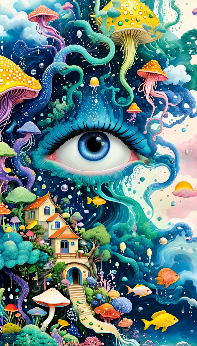 Strong visual fusion of multiple elements，Broto，来自Star的艺术家，Dopamine color scheme，house、Eye、pearl珠帘、pearl、Star、cloud、fish、Spore powder、Ocean、rain、Tentacles，Describing the inner world of autistic people，密集Pointillism method。Smooth lines。interesting，Strange illustration。Pointillism method。Strong contrast。Award-winning works。