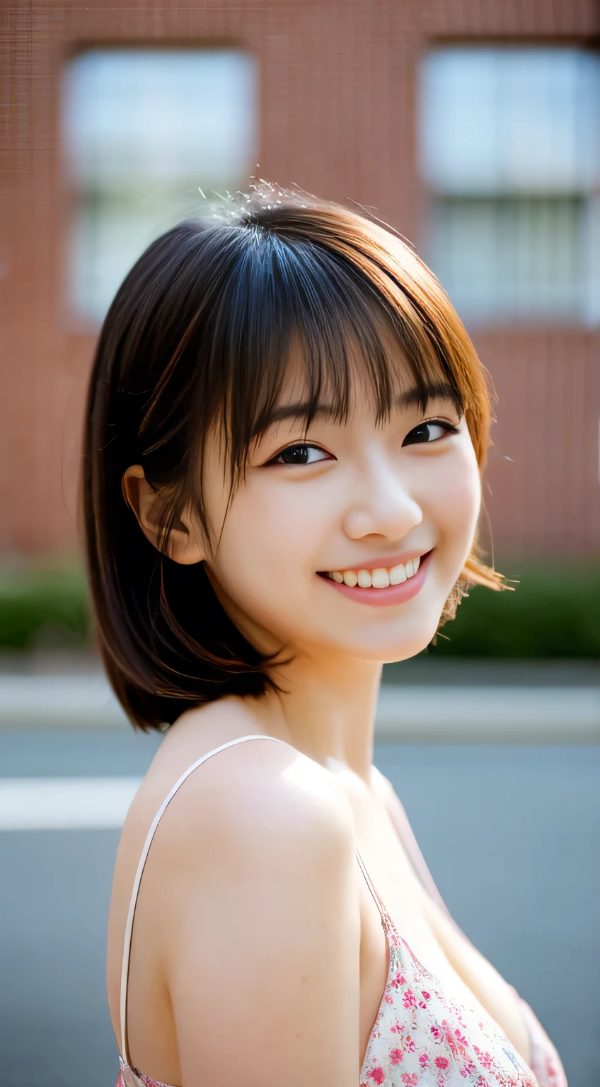 masterpiece,best quality,(Japanese ),((Beautiful girl)),cleavage,(perfect body beauty:1.2),(shy smile),beautiful teeth,(Blurred background of brick buildings),