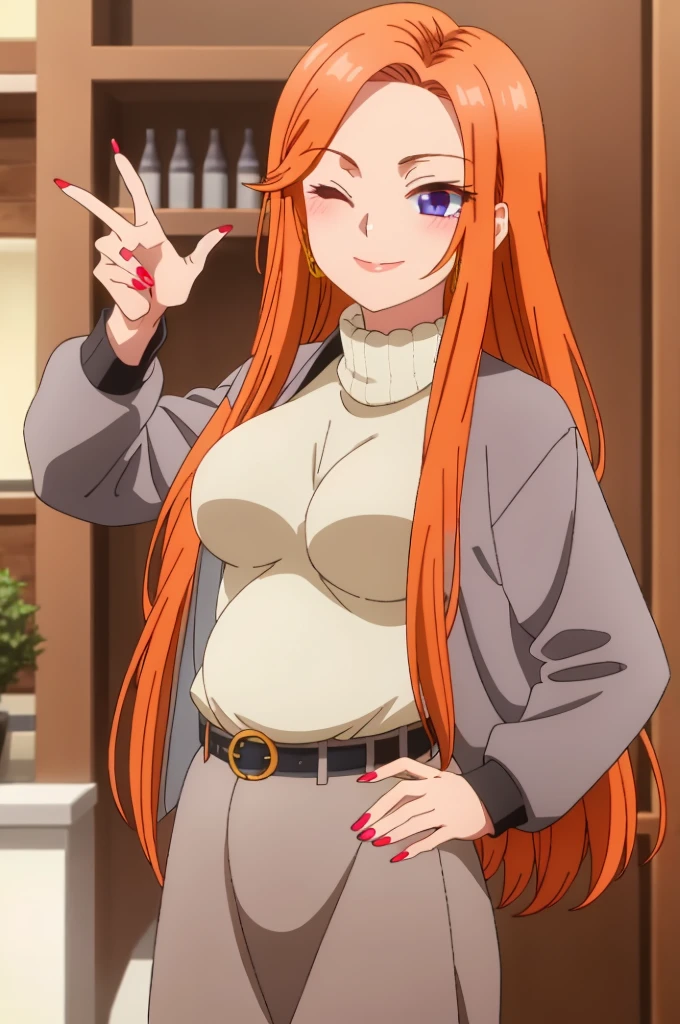 ((best quality)),((highly detailed)),masterpiece,absurdres,detailed face,beautiful face,(detailed eyes, deep eyes),1girl,((dynamic pose)) ,  Mai, orange hair, long hair, one eye closed, solo, purple eyes, red nails, nail polish, breasts, belt, hand on hip, jacket, sweater, v, large breasts, looking at viewer, smile, turtleneck, indoors, standing, lips, mole, pink nails, fingernails, very long hair, white sweater, lipstick, grey jacket, jewelry, shirt, ;), turtleneck sweater, pregnant belly