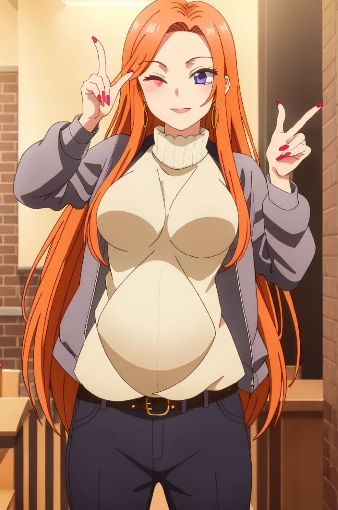 ((best quality)),((highly detailed)),masterpiece,absurdres,detailed face,beautiful face,(detailed eyes, deep eyes),1girl,((dynamic pose)) , Mai, orange hair, long hair, one eye closed, solo, purple eyes, red nails, nail polish, breasts, belt, hand on hip, jacket, sweater, v, large breasts, looking at viewer, smile, turtleneck, indoors, standing, lips, mole, pink nails, fingernails, very long hair, white sweater, lipstick, grey jacket, jewelry, shirt, ;), turtleneck sweater, pregnant belly