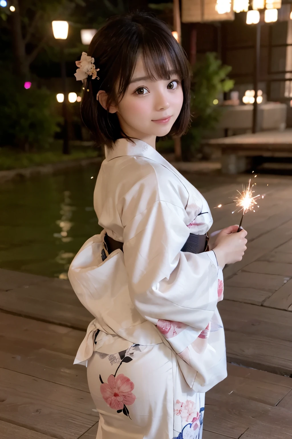 8K, RAW Photo, Best Quality, Masterpiece, Realistic, PhotoRealistic, Extremely Detailed 8K Wallpaper, Beautifully Detailed Eyes, Finely Detailed Face, 
 BREAK 
Professional Lighting, 
 BREAK 
(A Girl is Playing Japanese Sparkler with Extending Own Hand to the Viewer:1.6), Point Fireworks at Viewer:1.0, 
(Light Evening), 
(in marunouchiekimaehiroba:1.6), 
 BREAK 
Perfectly Anatomically Correct:1.4, 5 Beautiful finger:1.4, 
[POV Shot], 
 BREAK 
1 Girl, Very Short Hair Bun:1.2, Japanese, Kawaii, Wide-Set Eyes, Very White Skinned, Blush, Embarrassed, 17-Year-Old, 
Brown Hair, Wet Hair, [Messy Hair], Light Smiling, [Pouted Cheek], Open Mouse Slightly, [Chin Up], 
(Japanese Yukata:1.4), 
Looking Back Viewer Down, 
 BREAK 
[SFW:1.0, Non-Nipple:1.0], 
 BREAK 
Low Angle Shot, Focus on Face:1.1, Eye Focus:1.0, Bokeh:1.2, (from Back:1.0, from Side:1.0, from Below:1.0), [Dynamic Angle], 
[Feet Out of Frame]