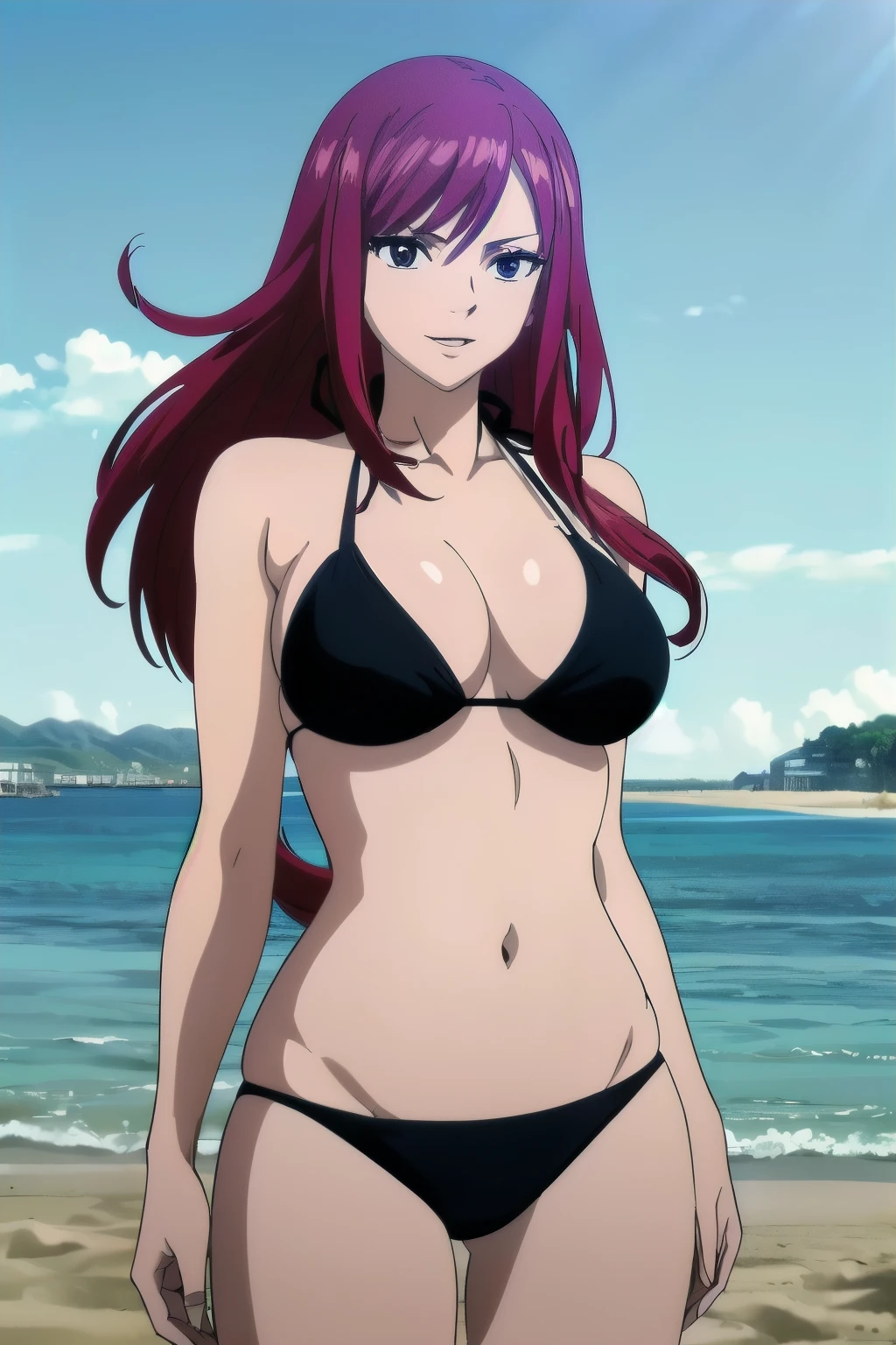(black bikini only:1.6), groin, (vibrance:1.9), (beach during day time:1.4), windy, ultra detailed face, perfect anatomy, (cowboy shot:1.6), from front, standing, ultra detailed body and face, perfect body proportions, highest quality, 1girl, solo, (very little biceps) , smile, ERZASCARLET, BARE SHOULDERS, (big breasts:1.2) cleavage, off-shoulder, tall girl, (long hair:1.7), (free flowing hair:1.4), (floating hair:1.3), ultra detailed red hair, open mouth, big eyes, long belly, wide shoulders, beach, For the image quality, please prioritize (best quality, highres, masterpiece:1.8), itional prefixes