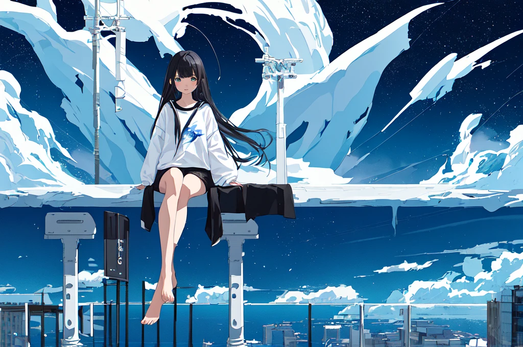 masterpiece、Exquisite details、Highest quality、One Girl、alone、handrail、cloud、buildingを見上げて、Long Hair、zero、Long sleeve、Power lines、White footwear、Black Hair、View Audience、Electric pole、bangs、曇りzero、Green Eyes、shorts、Day、Black Shirt、barefoot、night、star、milky way、night、Jet Black、building、Sitting、High quality anime art style、Standing Painting、Splash ink background、Blue theme、Clear Face、Distinct facial features
