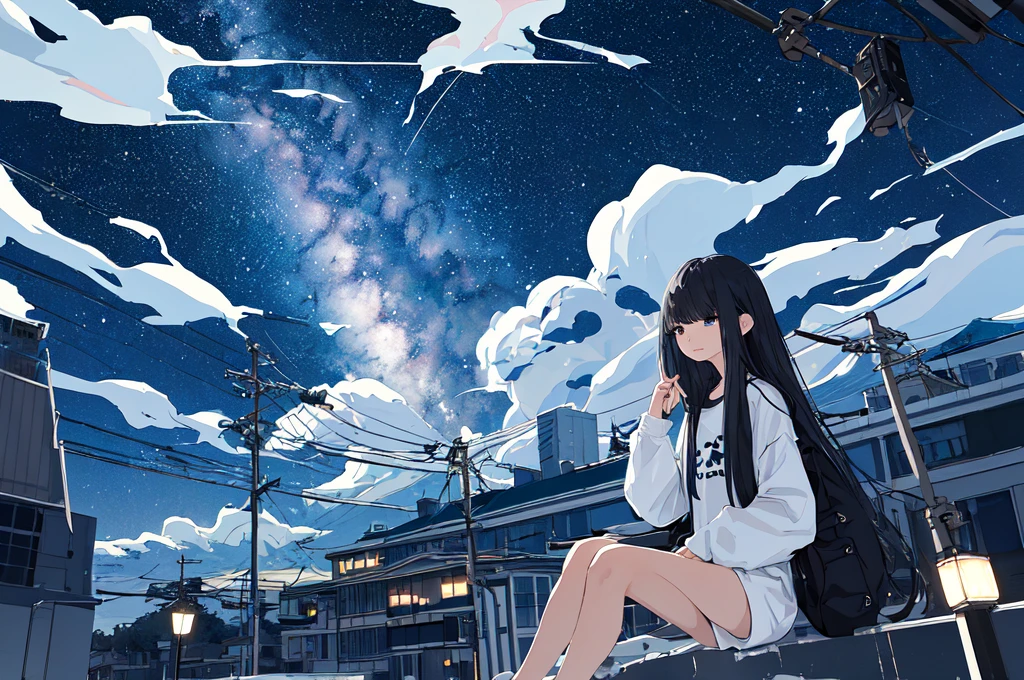 masterpiece、Exquisite details、Highest quality、One Girl、alone、handrail、cloud、buildingを見上げて、Long Hair、zero、Long sleeve、Power lines、White footwear、Black Hair、View Audience、Electric pole、bangs、曇りzero、Green Eyes、shorts、Day、Black Shirt、barefoot、night、star、milky way、night、Jet Black、building、Sitting、High quality anime art style、Standing Painting、Splash ink background、Blue theme、Clear Face、Distinct facial features