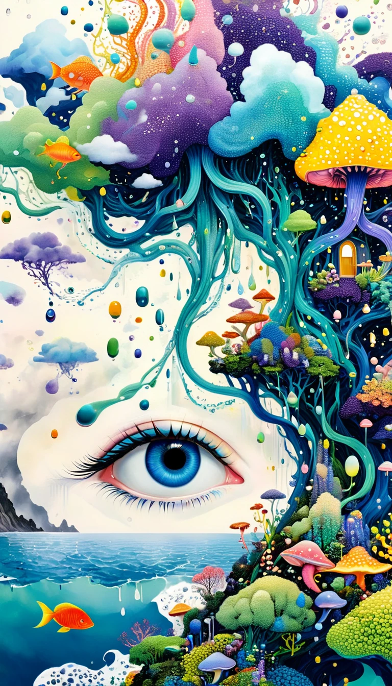 Strong visual fusion of multiple elements，Broto，来自Star的艺术家，Dopamine color scheme，house、Eye、pearl珠帘、pearl、Star、cloud、fish、Spore powder、Ocean、rain、Tentacles，Describing the inner world of autistic people，密集Pointillism method。Smooth lines。interesting，Strange illustration。Pointillism method。Strong contrast。Award-winning works。