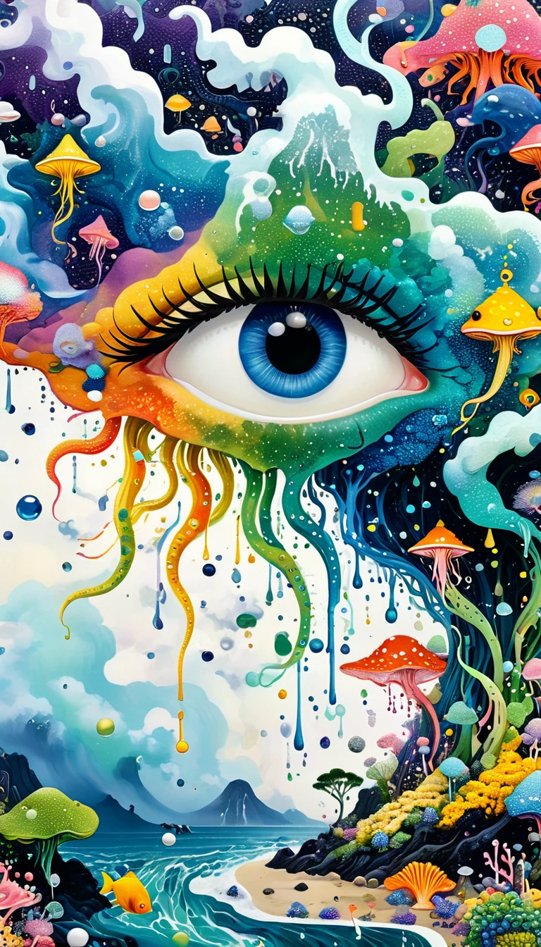 Strong visual fusion of multiple elements,Broto,来自Star的艺术家,Dopamine color scheme,house、Eye、pearl珠帘、pearl、Star、cloud、fish、Spore powder、Ocean、rain、Tentacles,Describing the inner world of autistic people,密集Pointillism method。Smooth lines。interesting,Strange illustration。Pointillism method。Strong contrast。Award-winning works。