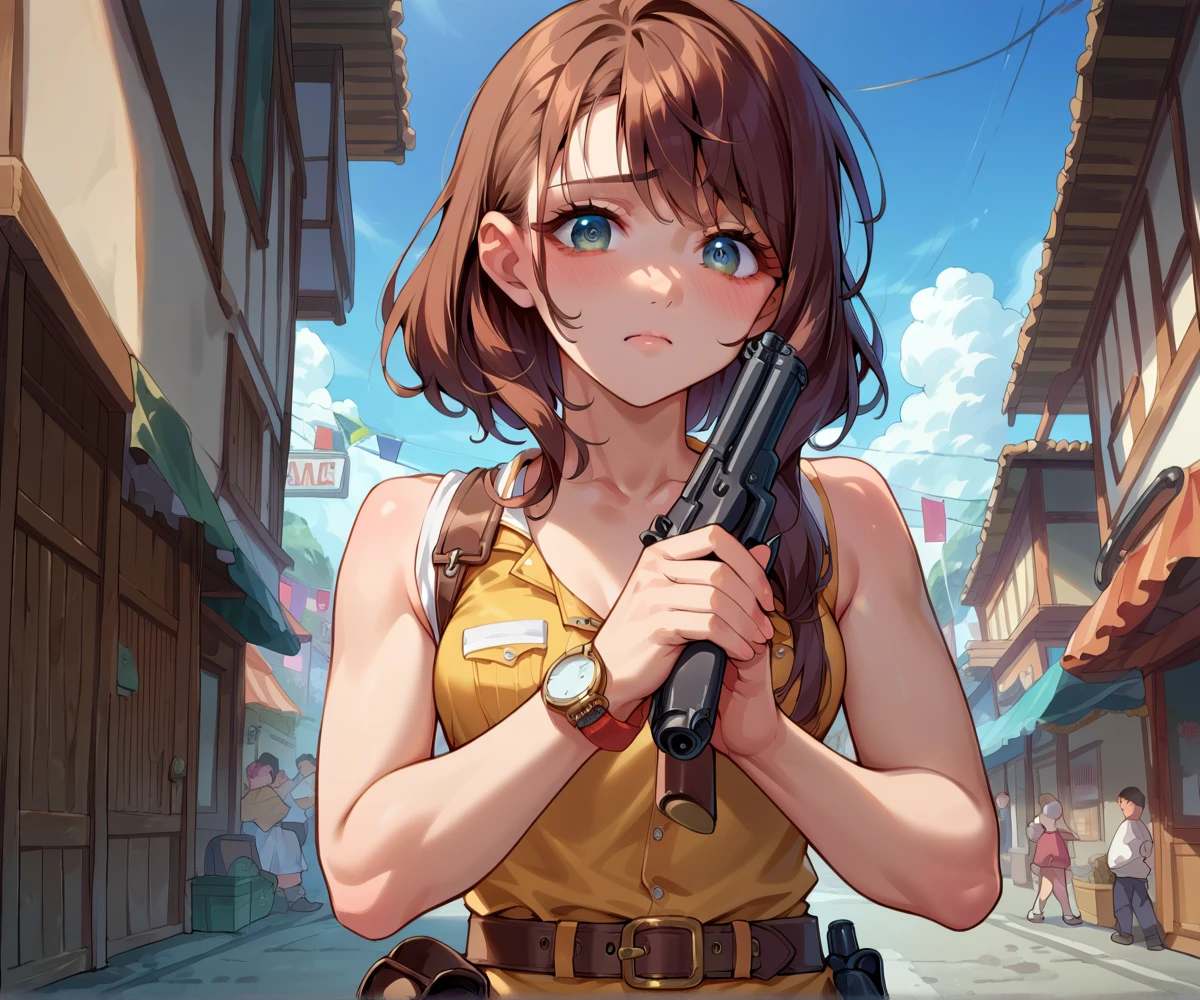 Japanese beauty naked,Western Cowgirl,Gun belt with holster,Watch on wrist,Shy woman,hiccups,indoor,Night Bar、Above the knee shot、High definition、8k